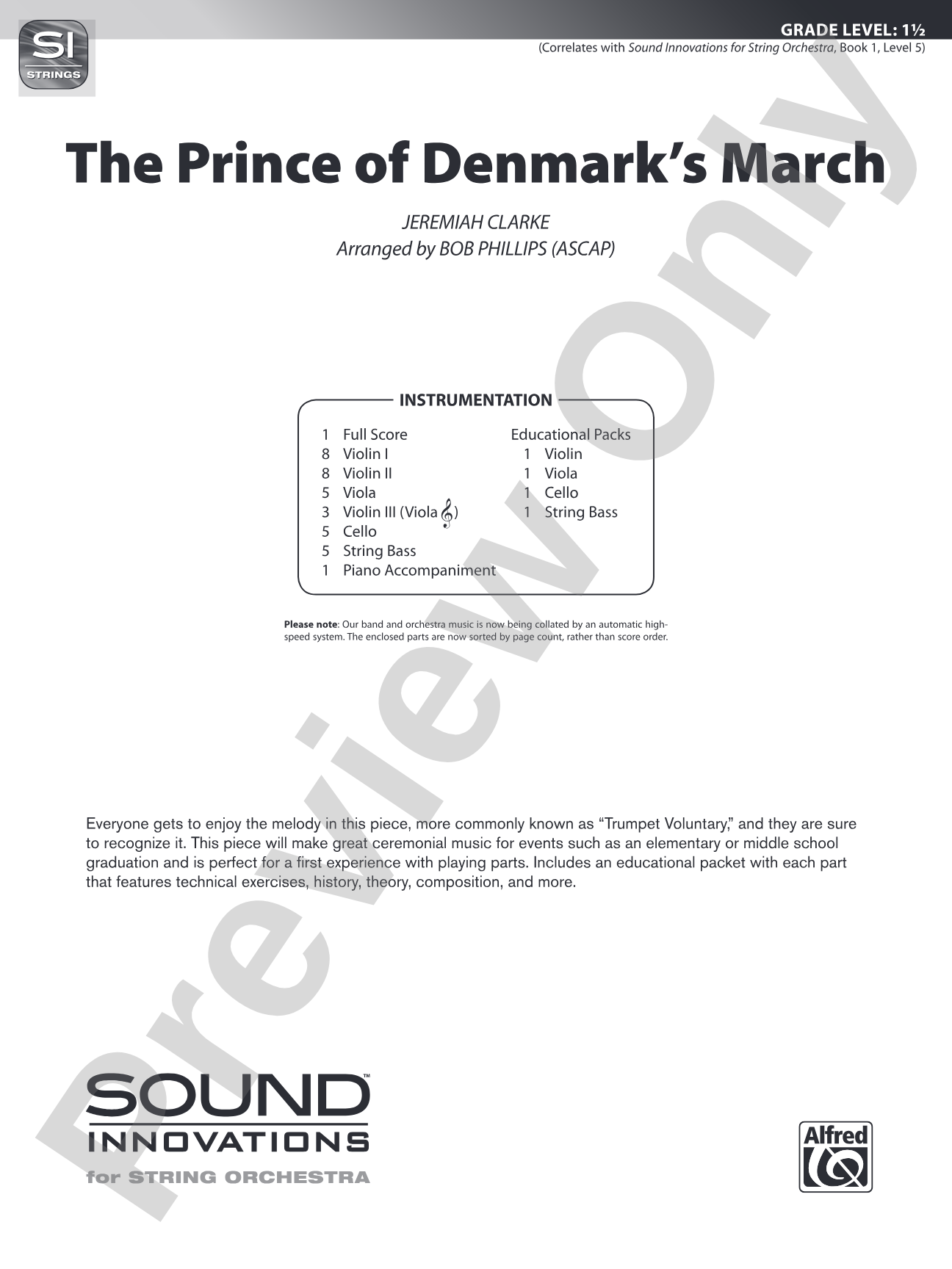 The Prince of Denmark's March: String Orchestra Conductor Score & Parts
