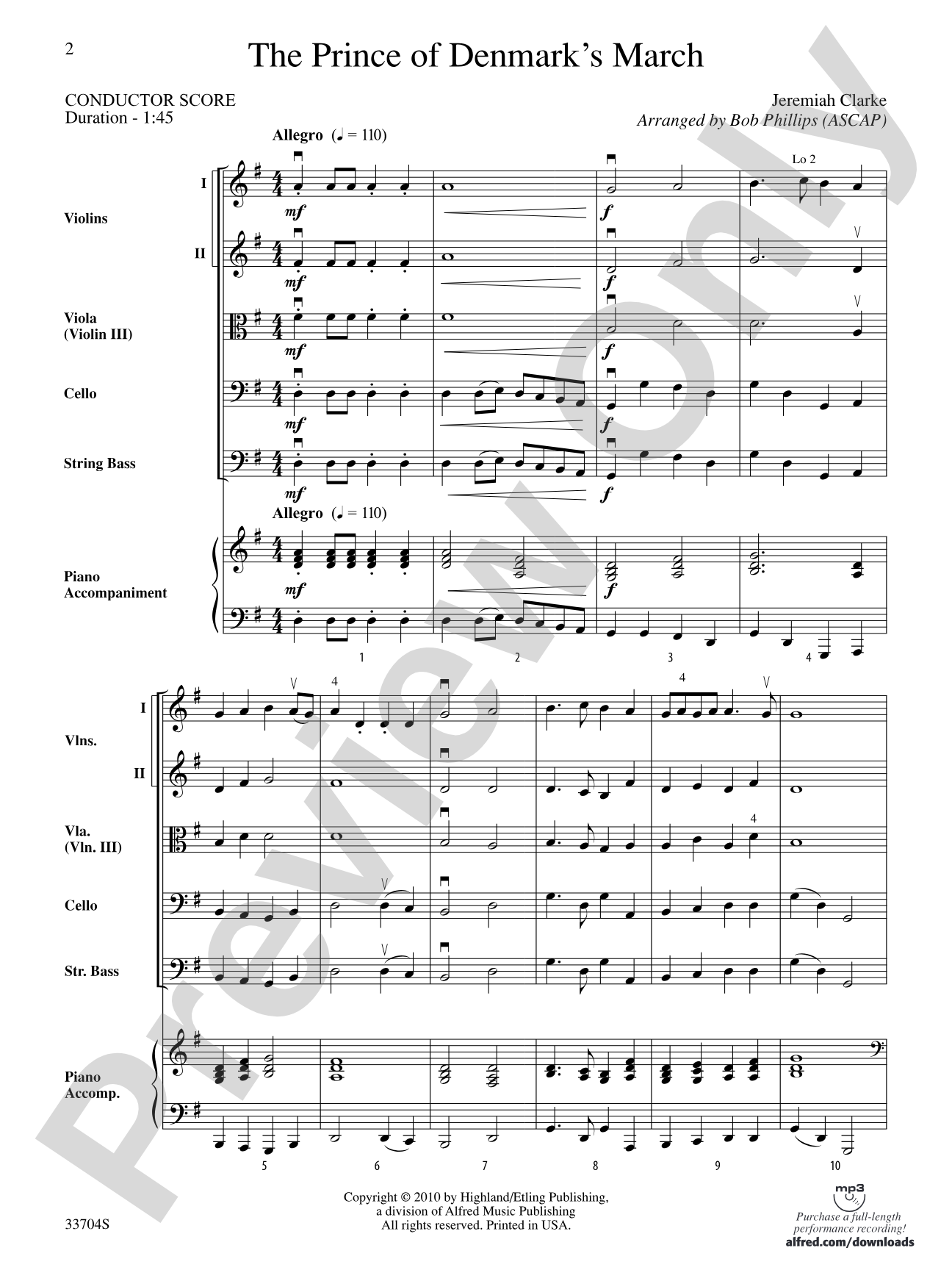 The Prince of Denmark's March: String Orchestra Conductor Score & Parts