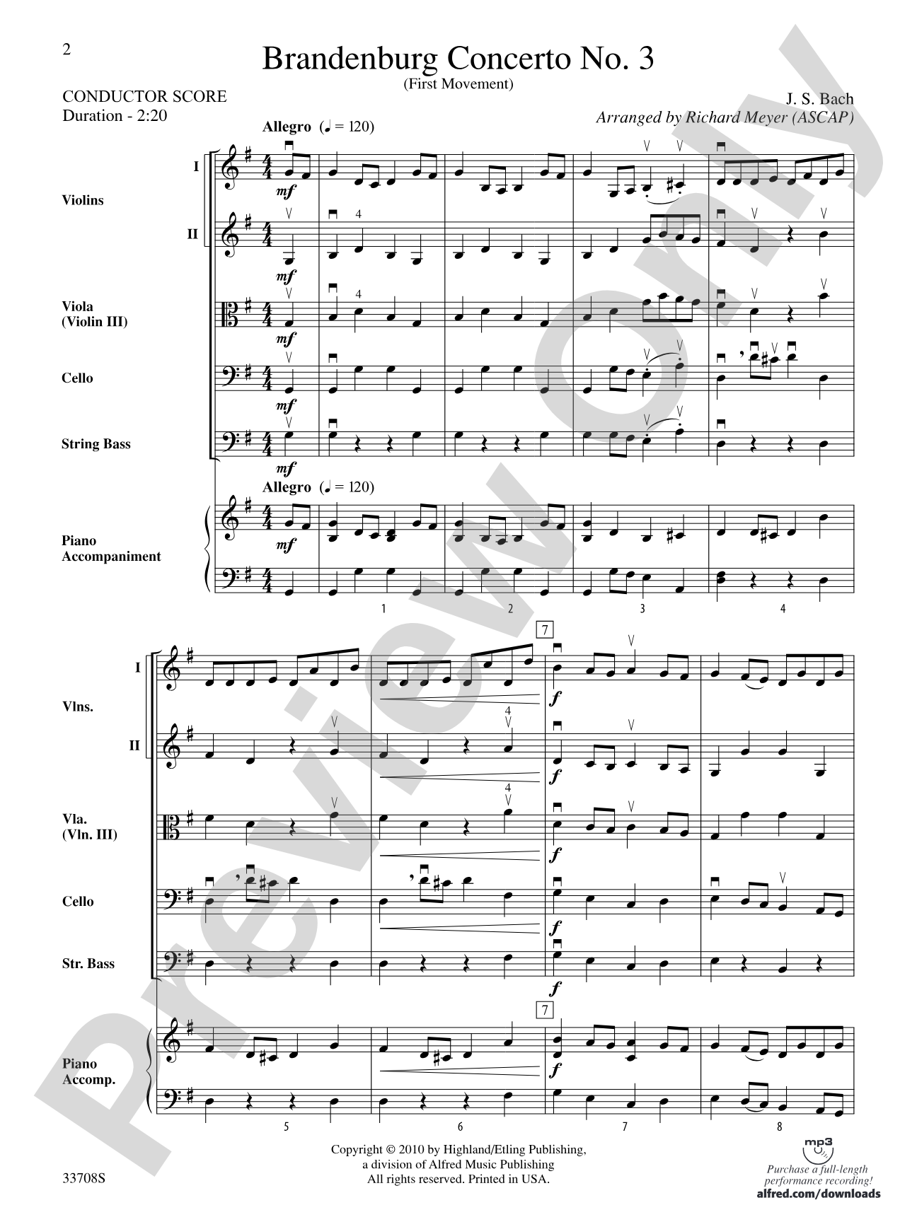 Brandenburg Concerto No. 3 (First Movement): String Orchestra Conductor Score & Parts