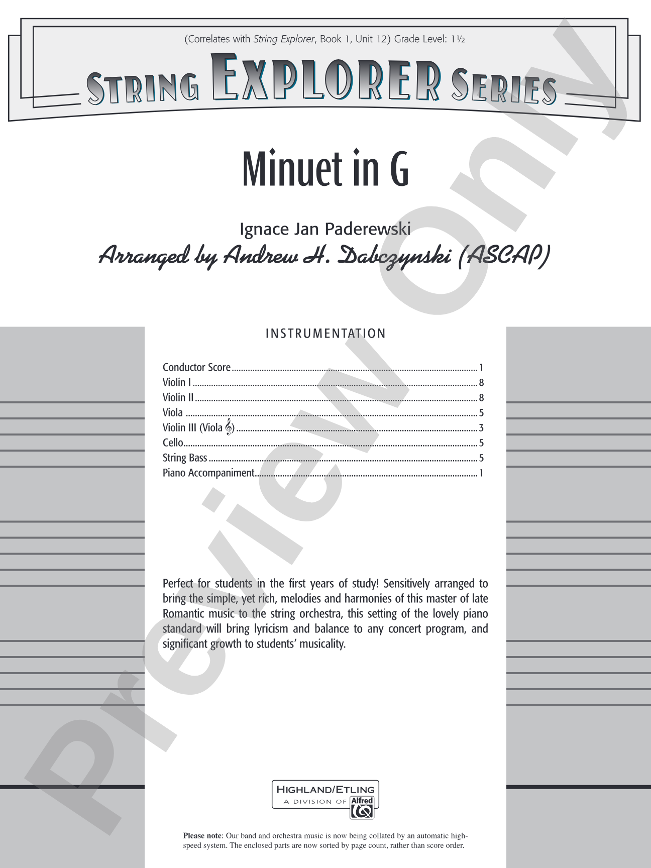 Minuet in G: String Orchestra Conductor Score & Parts