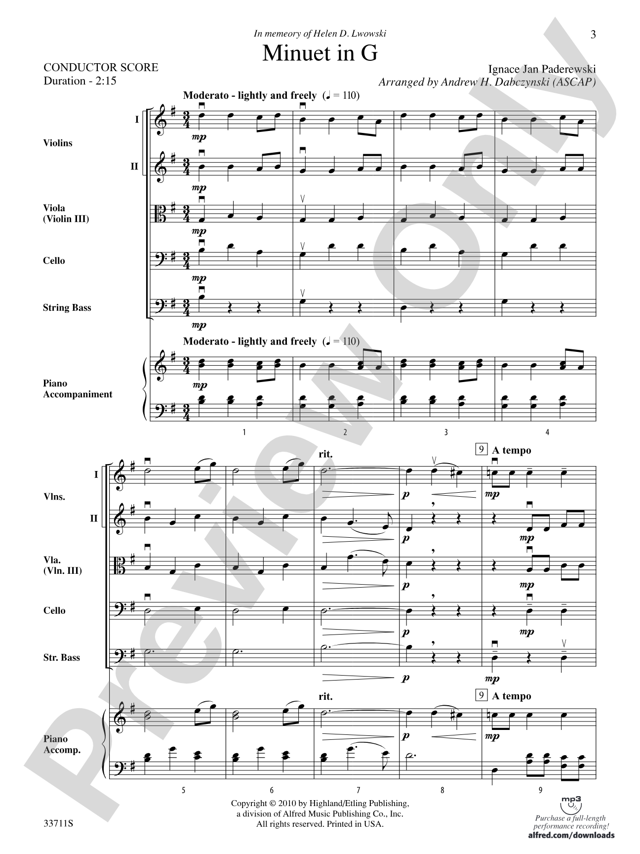Minuet in G: String Orchestra Conductor Score & Parts