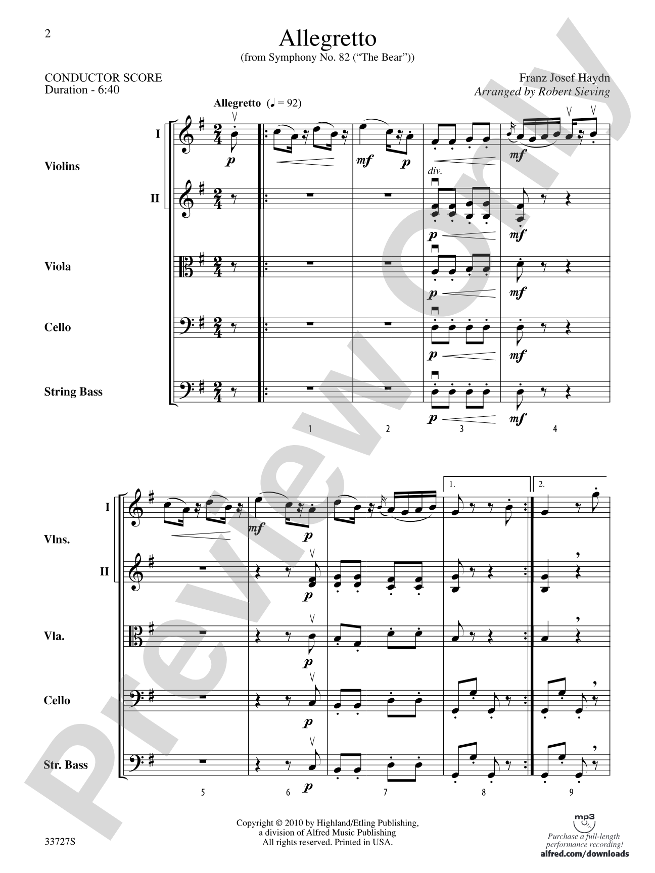Allegretto (from Symphony No. 82 "The Bear"): String Orchestra Conductor Score & Parts