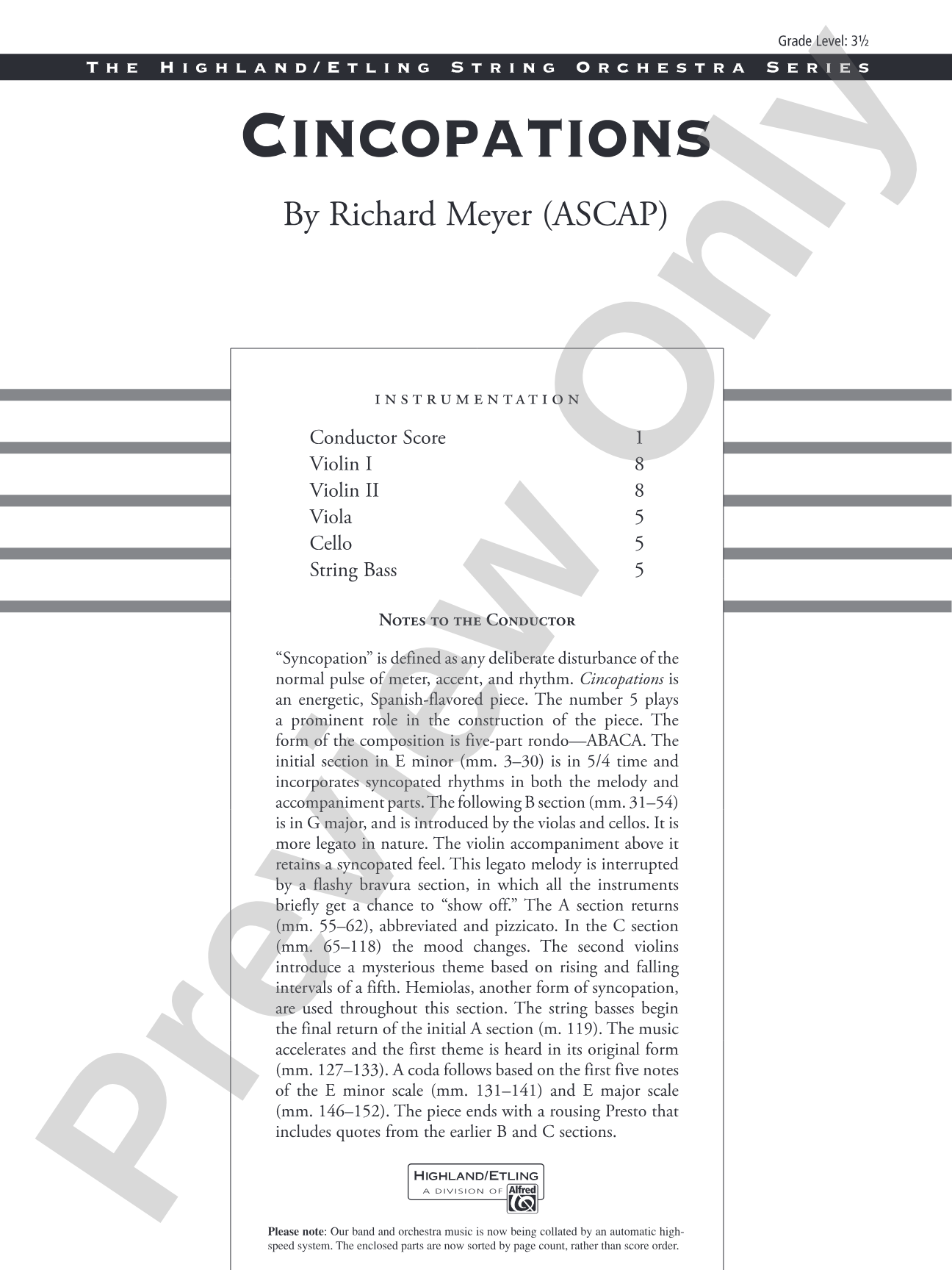 Cincopations: String Orchestra Conductor Score & Parts