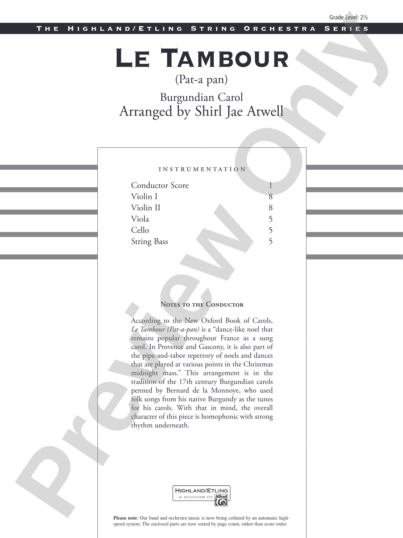 Le Tambour (Pat-a-Pan): String Orchestra Conductor Score & Parts