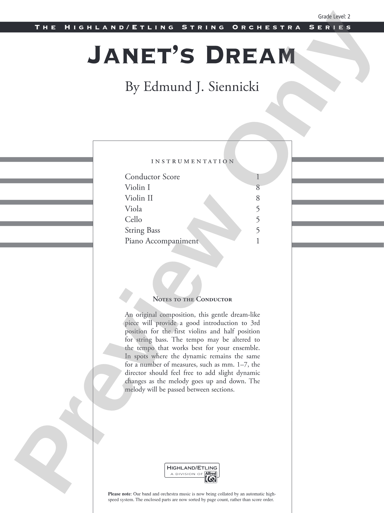 Janet's Dream: String Orchestra Conductor Score & Parts