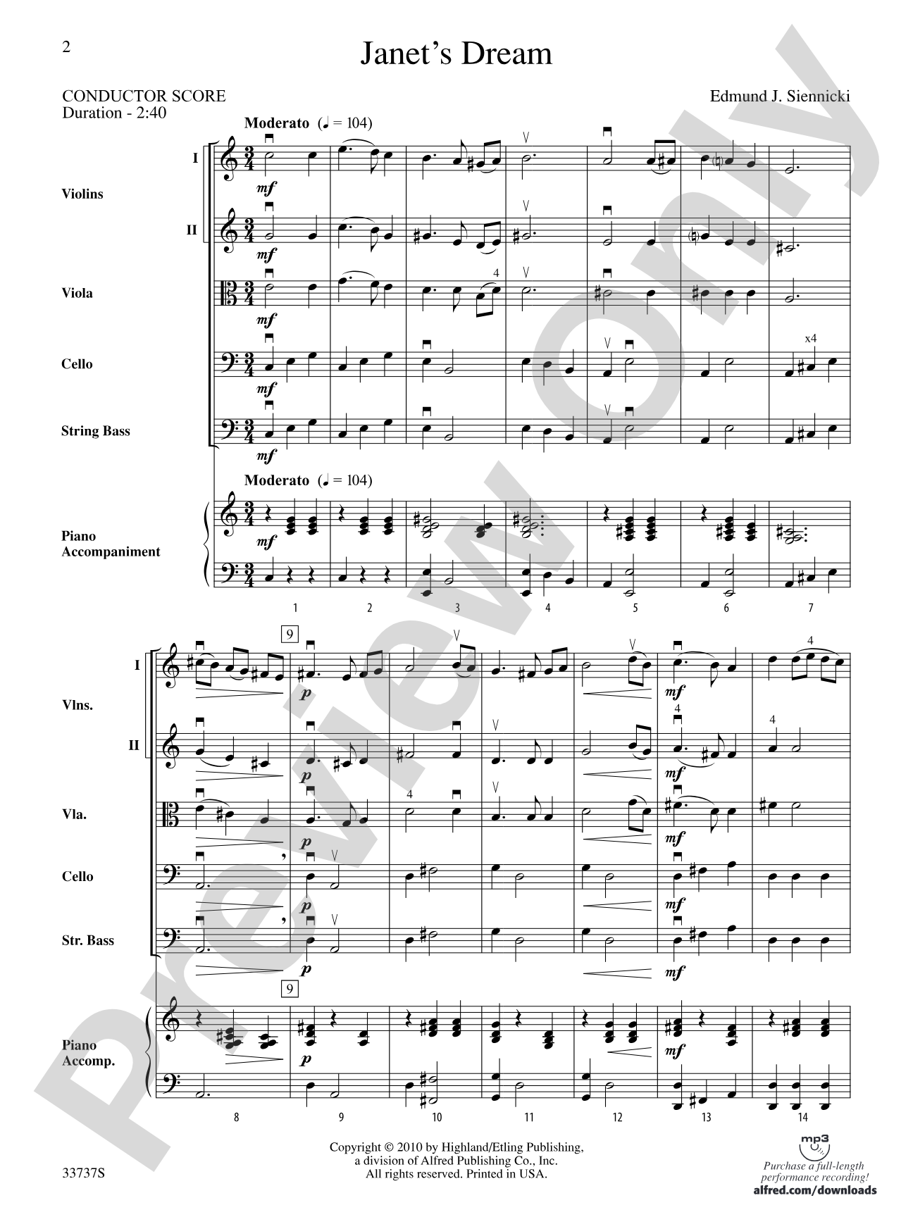 Janet's Dream: String Orchestra Conductor Score & Parts