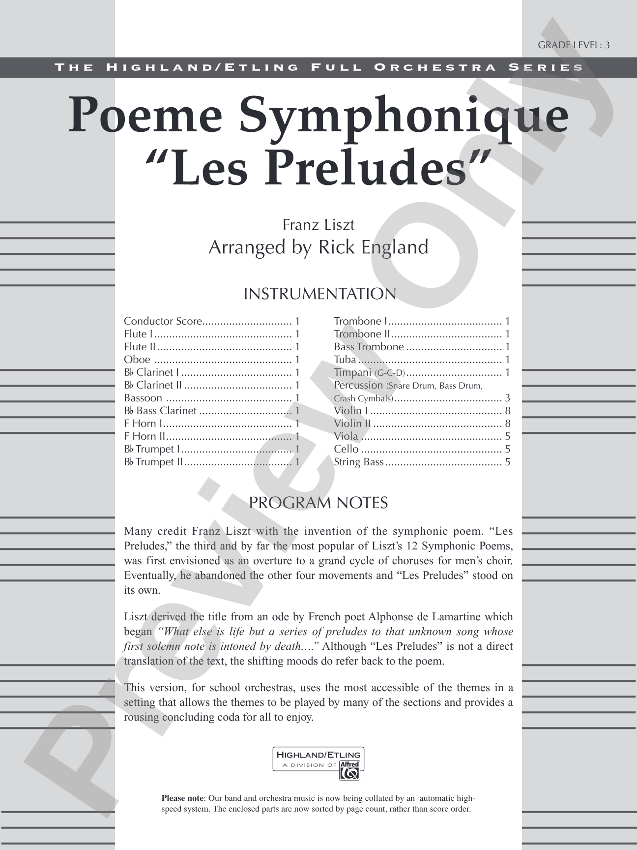 Poeme Symphonique "Les Preludes": Full Orchestra Conductor Score & Parts