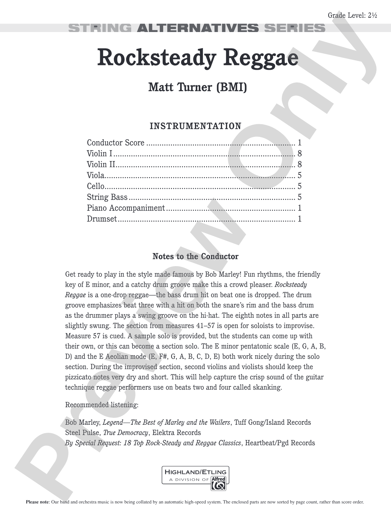 Rocksteady Reggae: String Orchestra Conductor Score & Parts