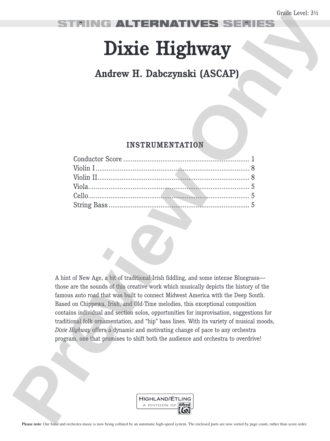Dixie Highway: String Orchestra Conductor Score & Parts