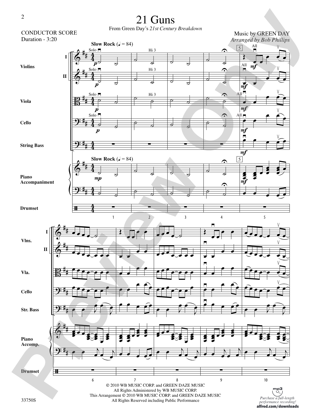 21 Guns: String Orchestra Conductor Score & Parts