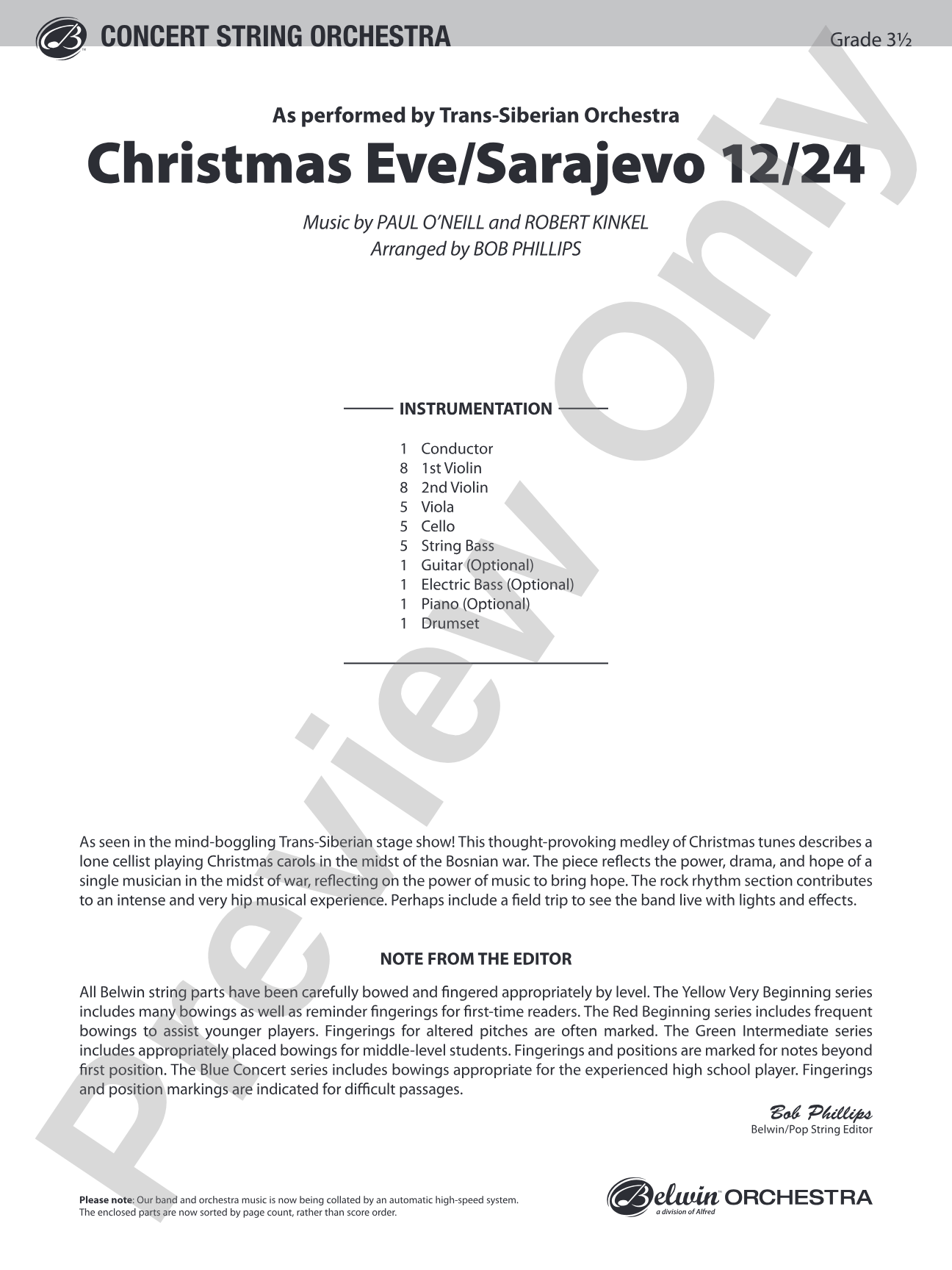 Christmas Eve/Sarajevo 12/24: String Orchestra Conductor Score & Parts