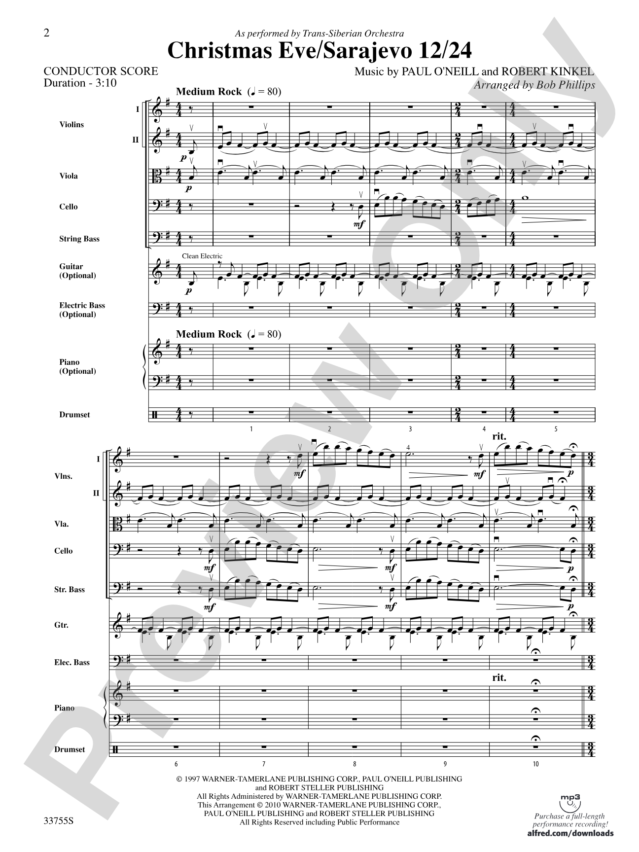 Christmas Eve/Sarajevo 12/24: String Orchestra Conductor Score & Parts