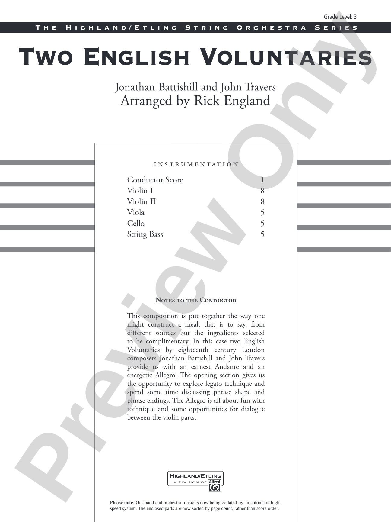 Two English Voluntaries: String Orchestra Conductor Score & Parts