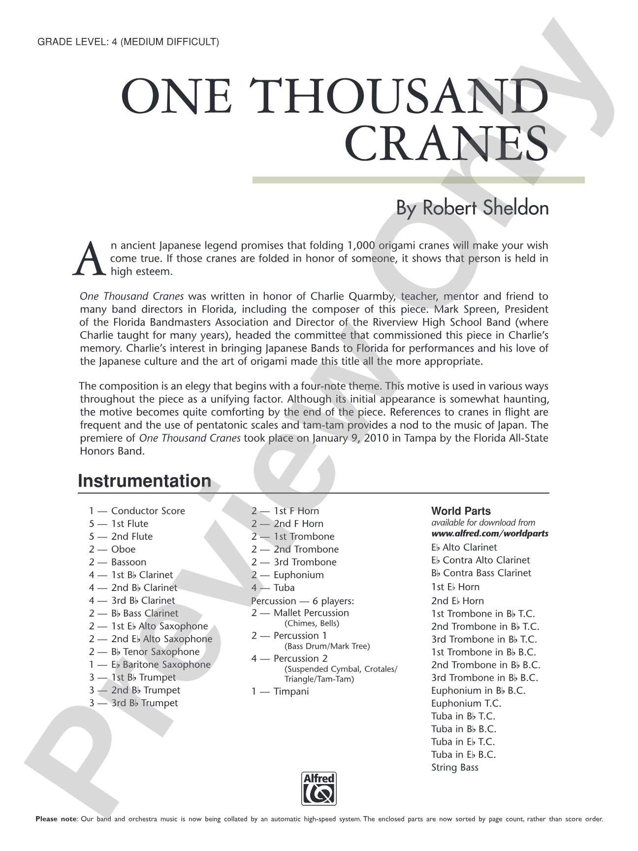 One Thousand Cranes: Concert Band Conductor Score & Parts