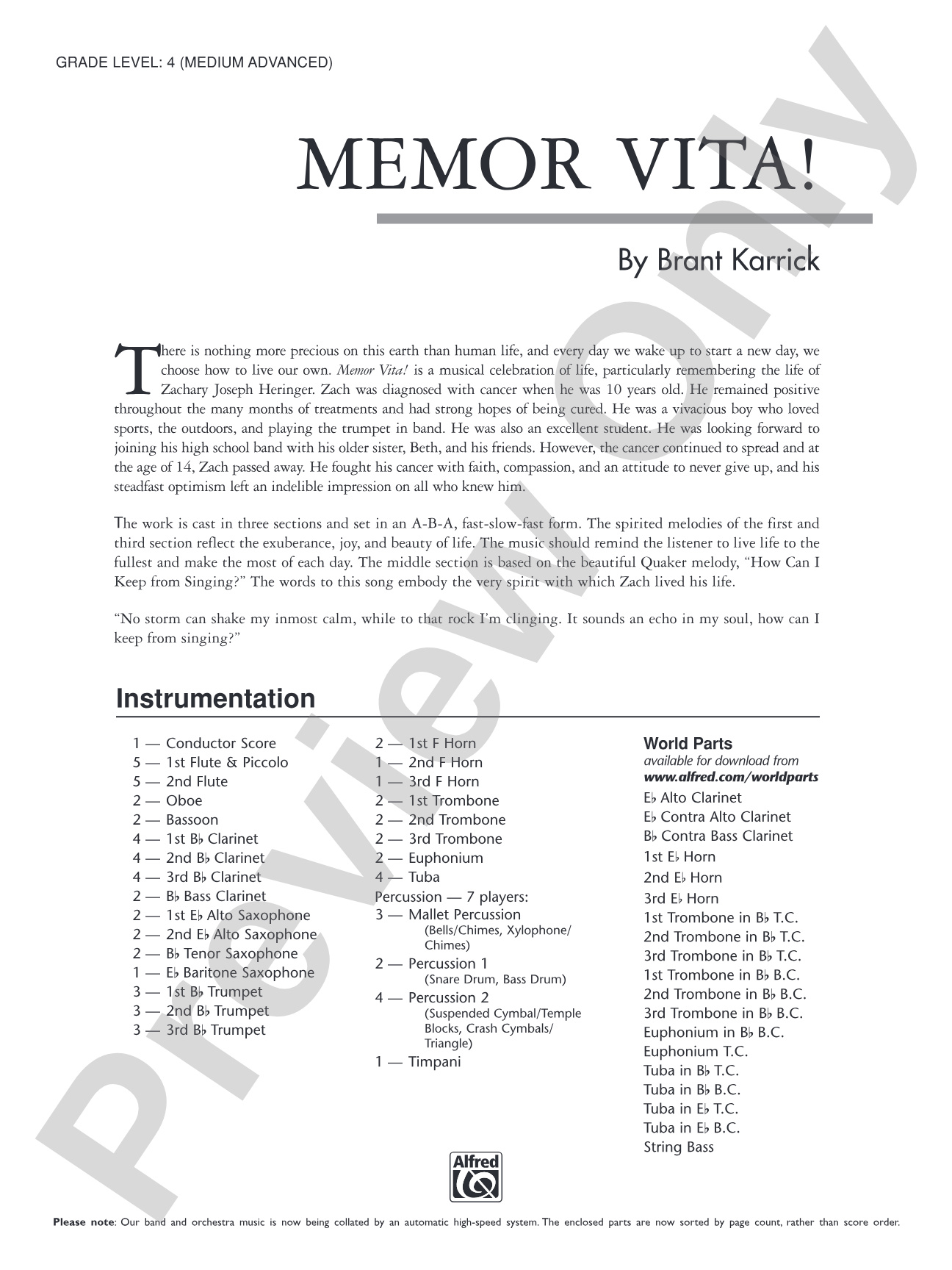 Memor Vita!: Concert Band Conductor Score & Parts