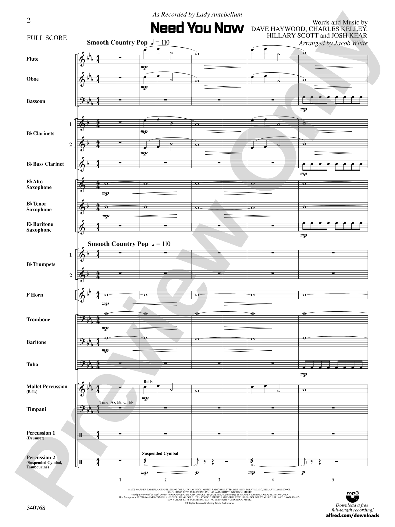 Need You Now: Concert Band Conductor Score & Parts