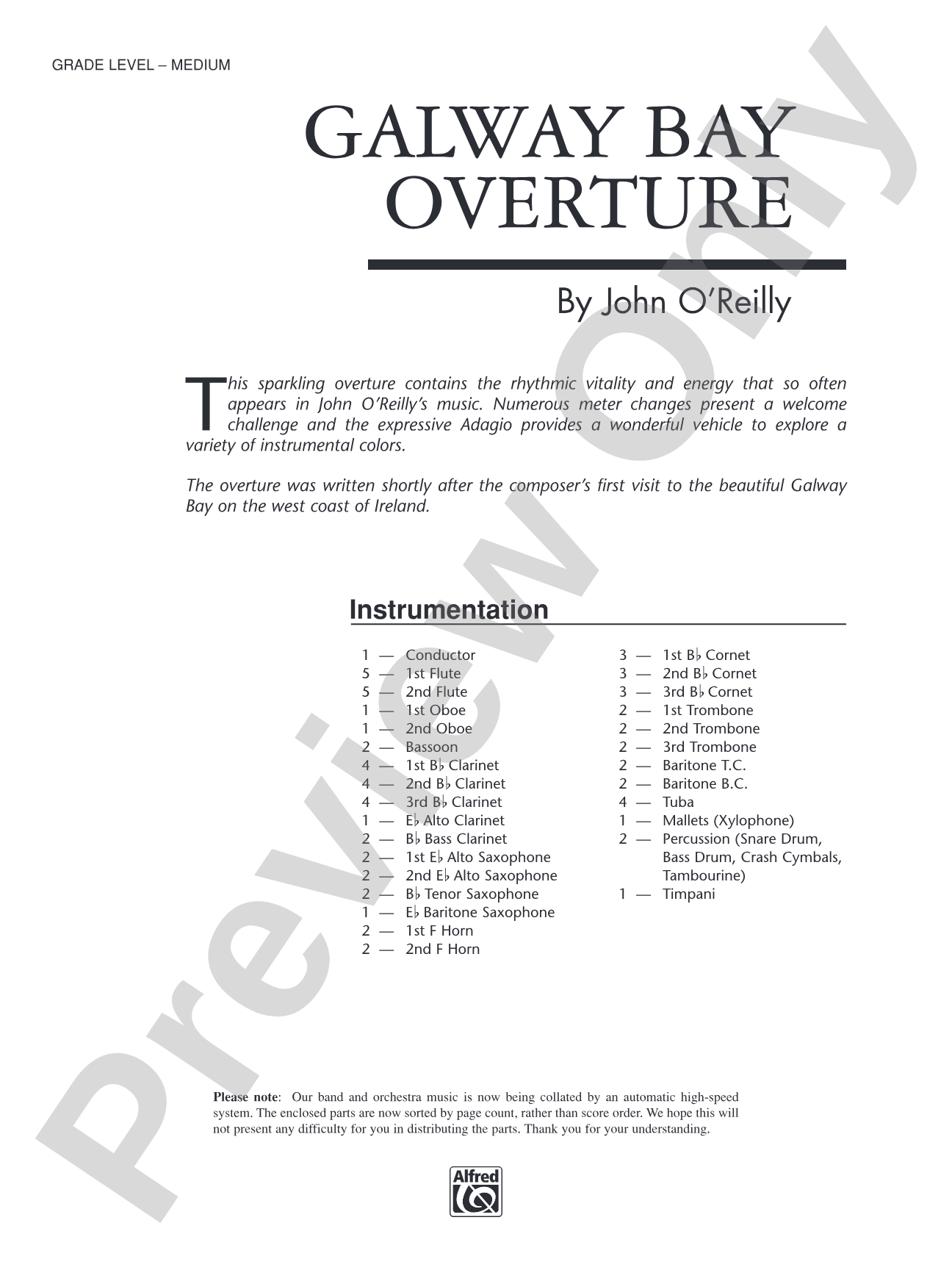 Galway Bay Overture: Concert Band Conductor Score & Parts