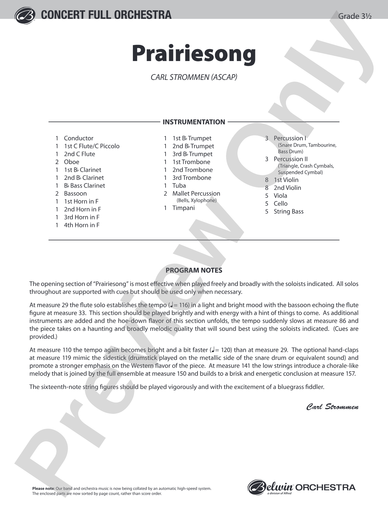 Prairiesong: Full Orchestra Conductor Score & Parts