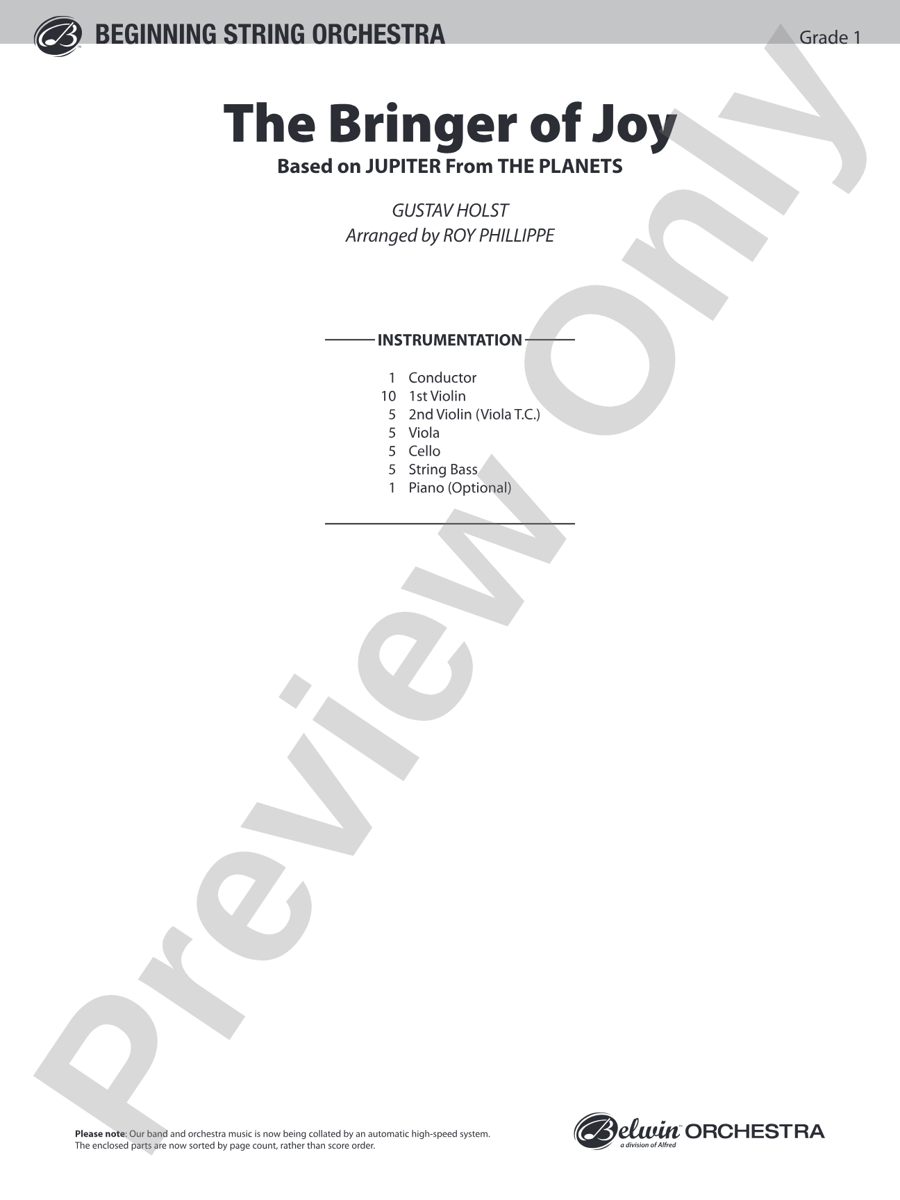 The Bringer of Joy (based on "Jupiter" from The Planets): String Orchestra Conductor Score & Parts