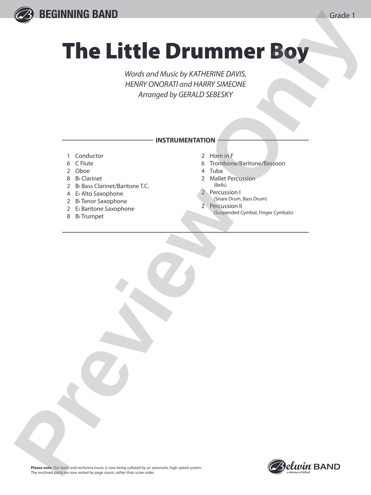 The Little Drummer Boy: Concert Band Conductor Score & Parts