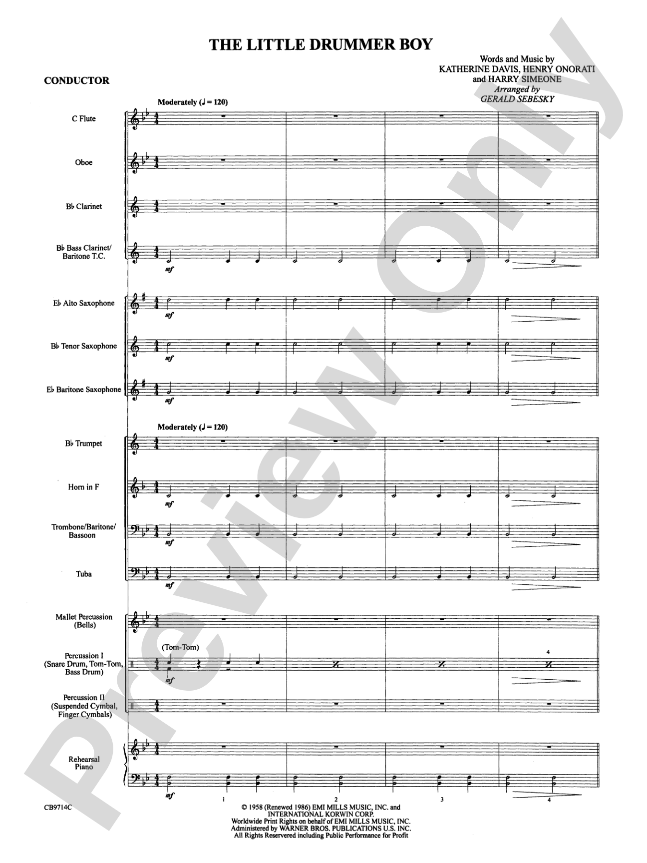 The Little Drummer Boy: Concert Band Conductor Score & Parts