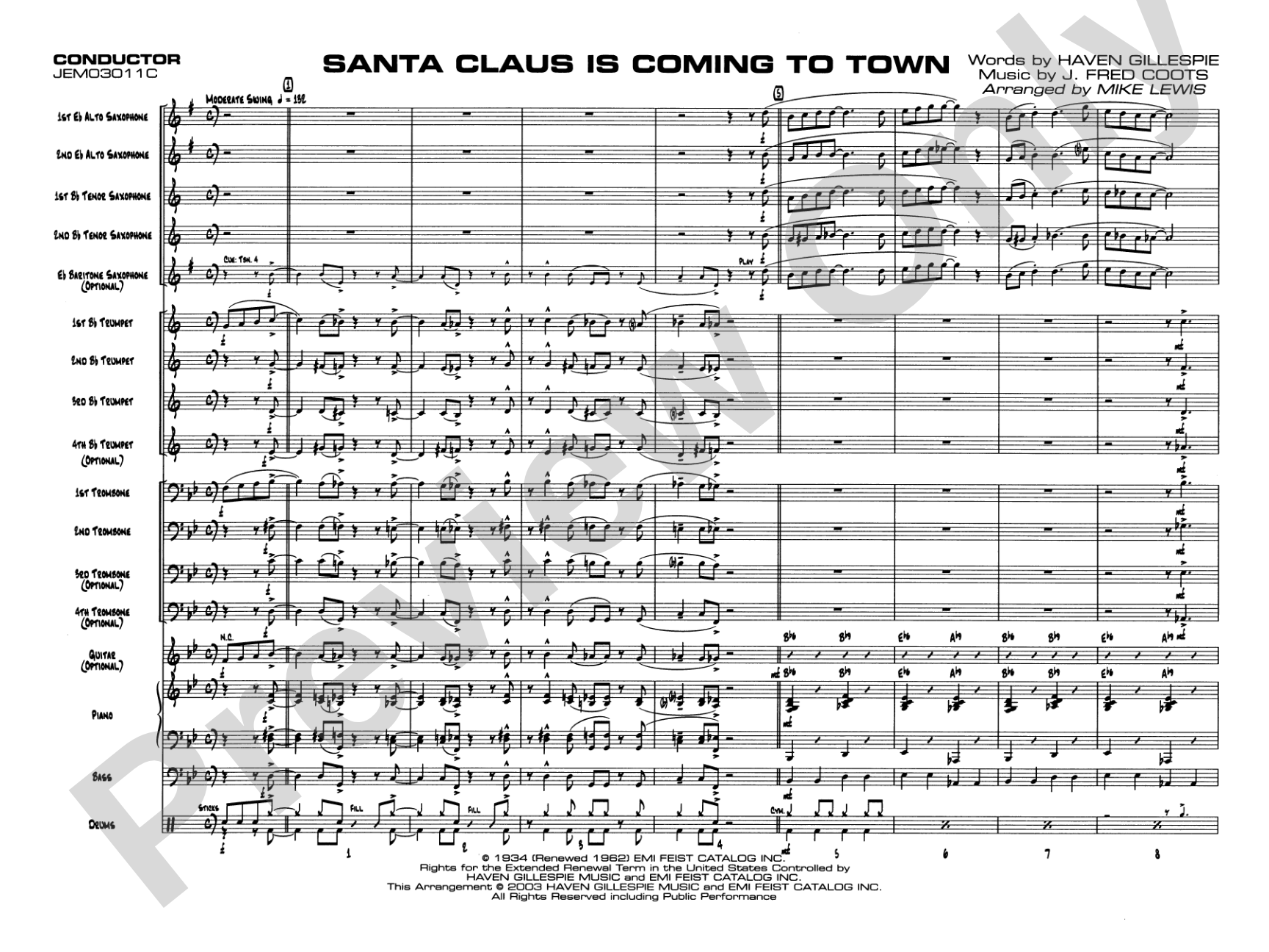 Santa Claus Is Coming to Town: Jazz Ensemble Conductor Score & Parts