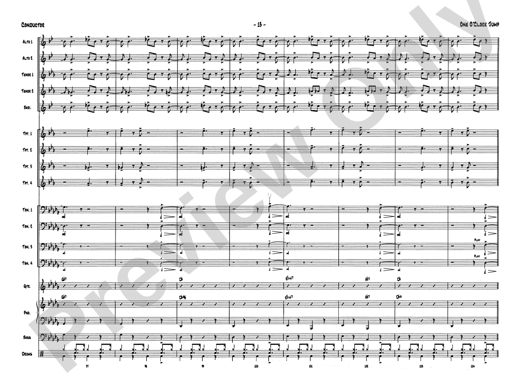 One O'Clock Jump: Jazz Ensemble Conductor Score & Parts