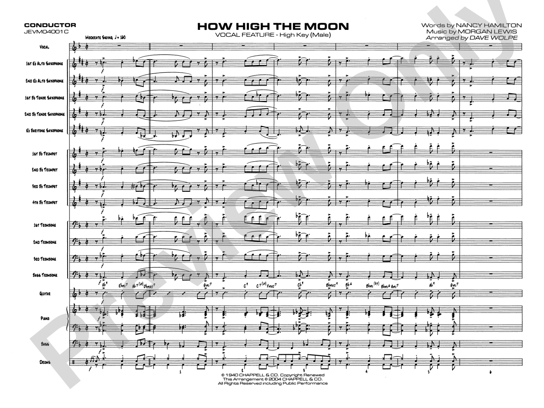How High the Moon: Vocal Solo with Jazz Ensemble Conductor Score & Parts