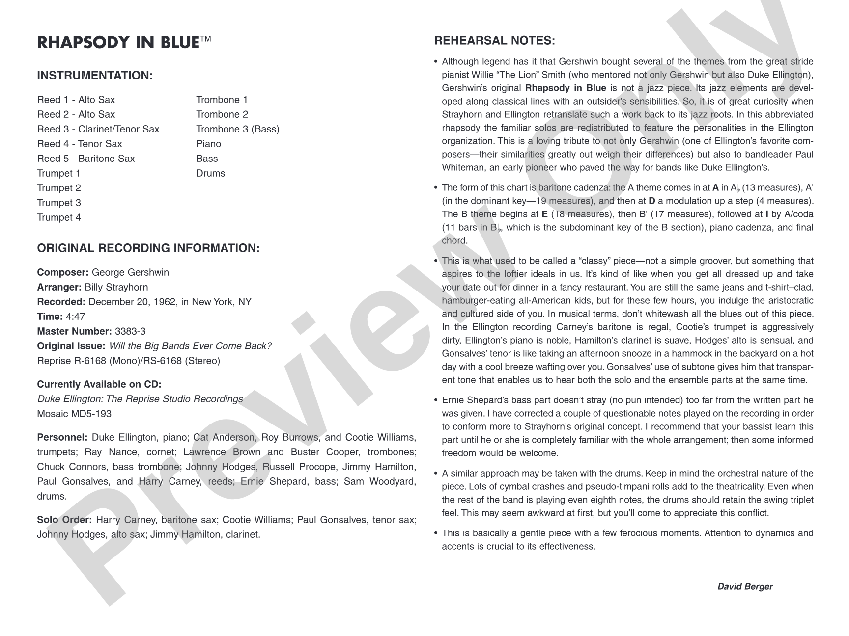 Rhapsody in Blue: Jazz Ensemble Conductor Score & Parts