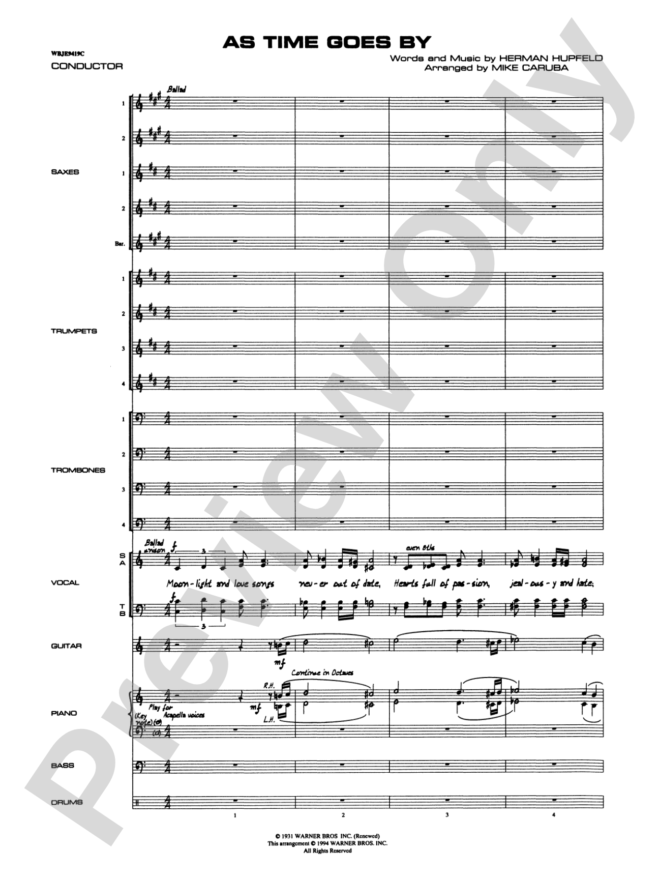 As Time Goes By: Vocal Solo with Jazz Ensemble Conductor Score & Parts