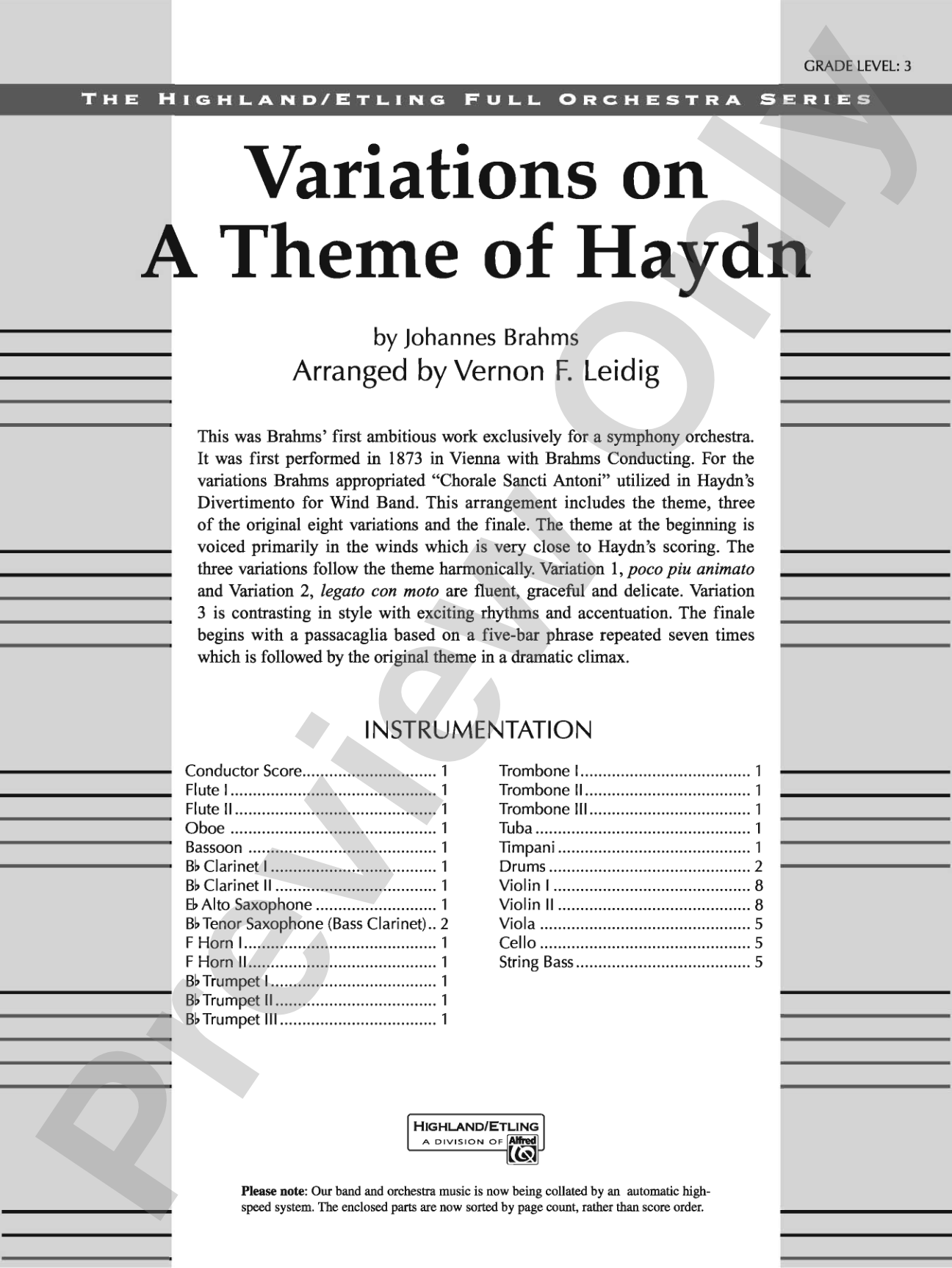 Variations on a Theme of Haydn: Full Orchestra Conductor Score & Parts