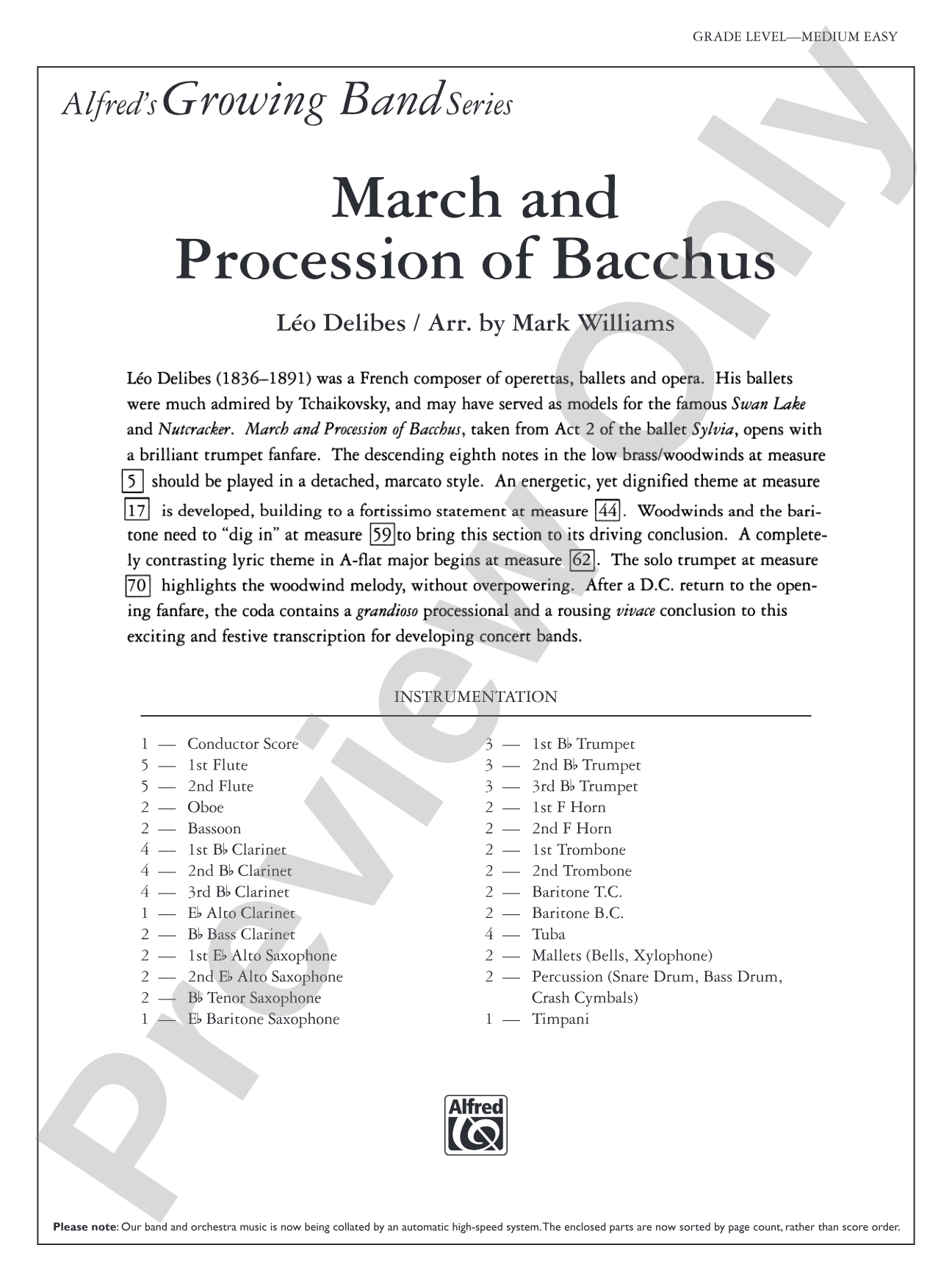 March and Procession of Bacchus: Concert Band Conductor Score & Parts
