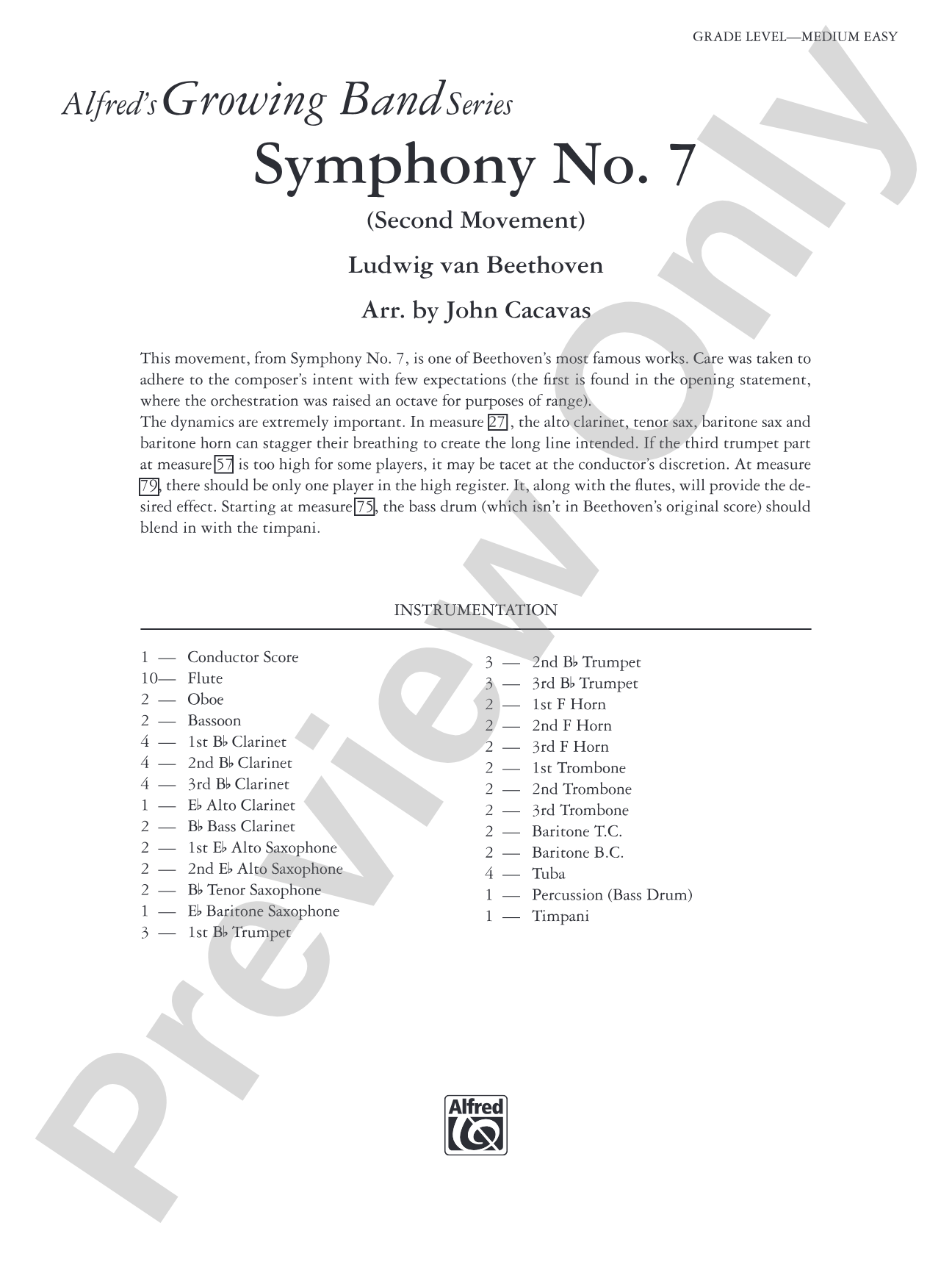 Symphony No. 7 (Second Movement): Concert Band Conductor Score & Parts