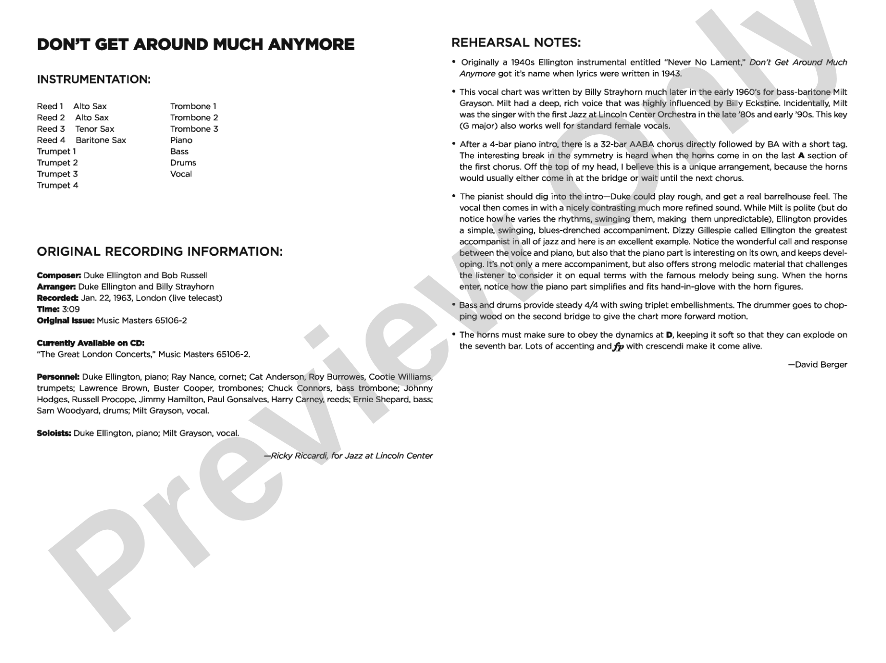 Don't Get Around Much Anymore: Jazz Ensemble Conductor Score & Parts