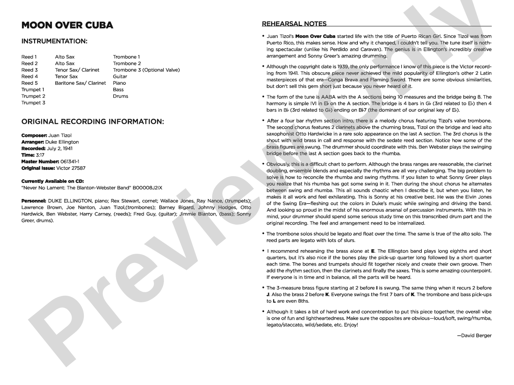 Moon over Cuba: Jazz Ensemble Conductor Score & Parts