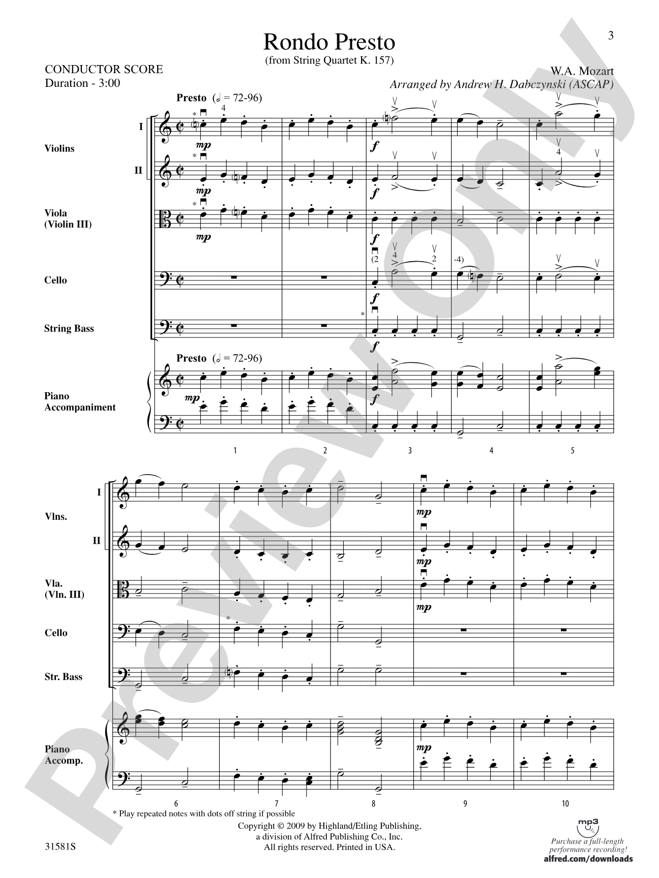 Rondo Presto (from String Quartet K. 157): Score