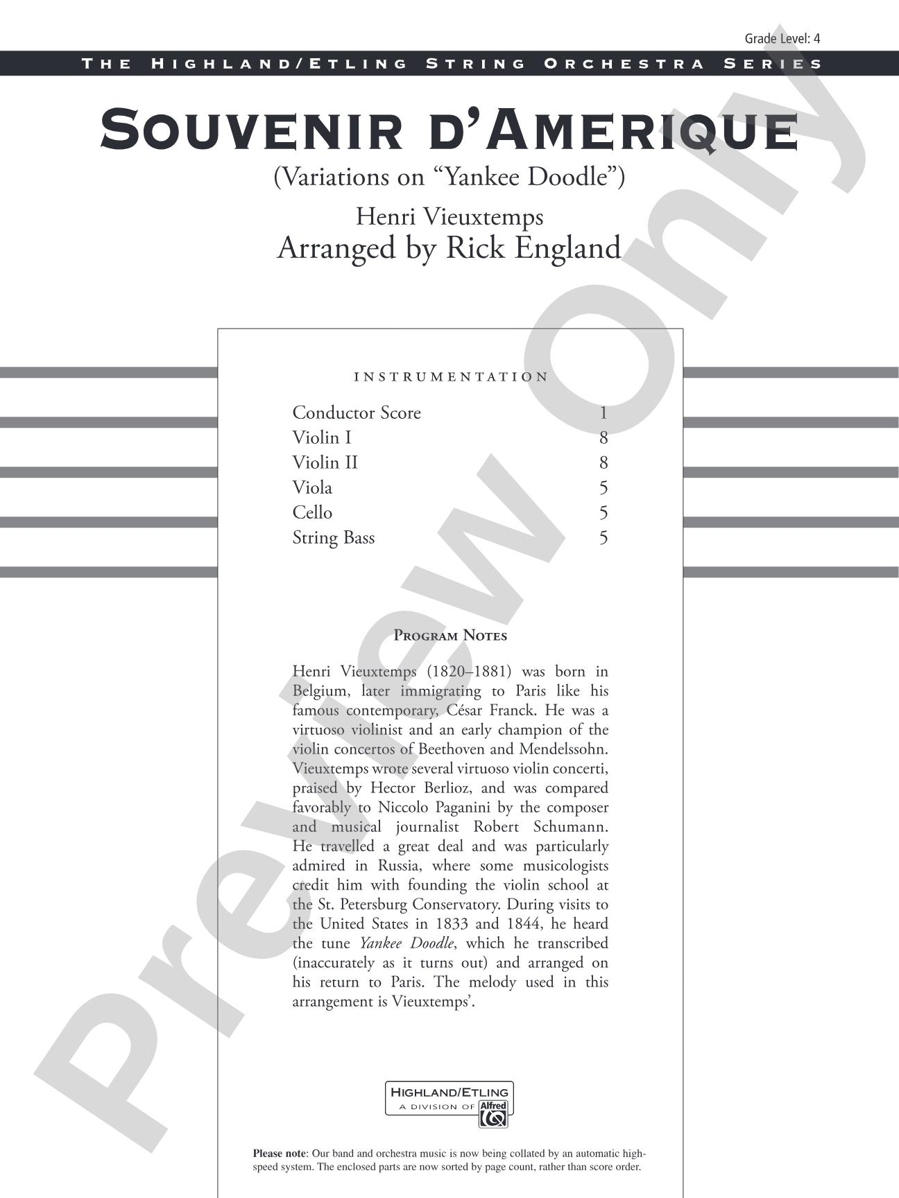 Souvenir d'Amerique: String Orchestra Conductor Score & Parts