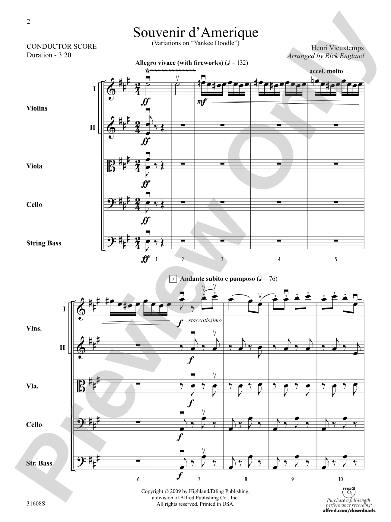 Souvenir d'Amerique: String Orchestra Conductor Score & Parts