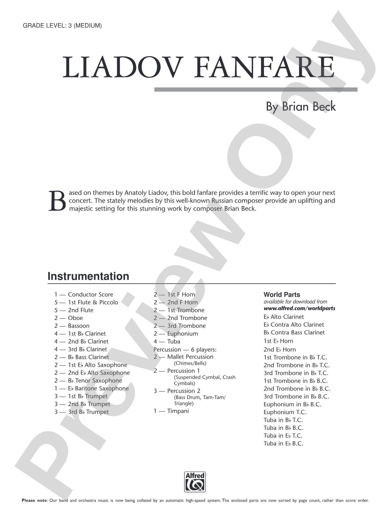Liadov Fanfare: Concert Band Conductor Score & Parts