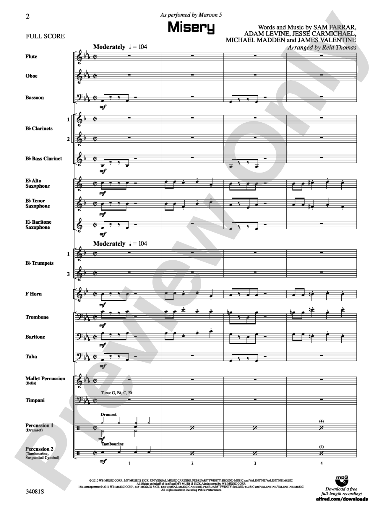 Misery: Concert Band Conductor Score & Parts