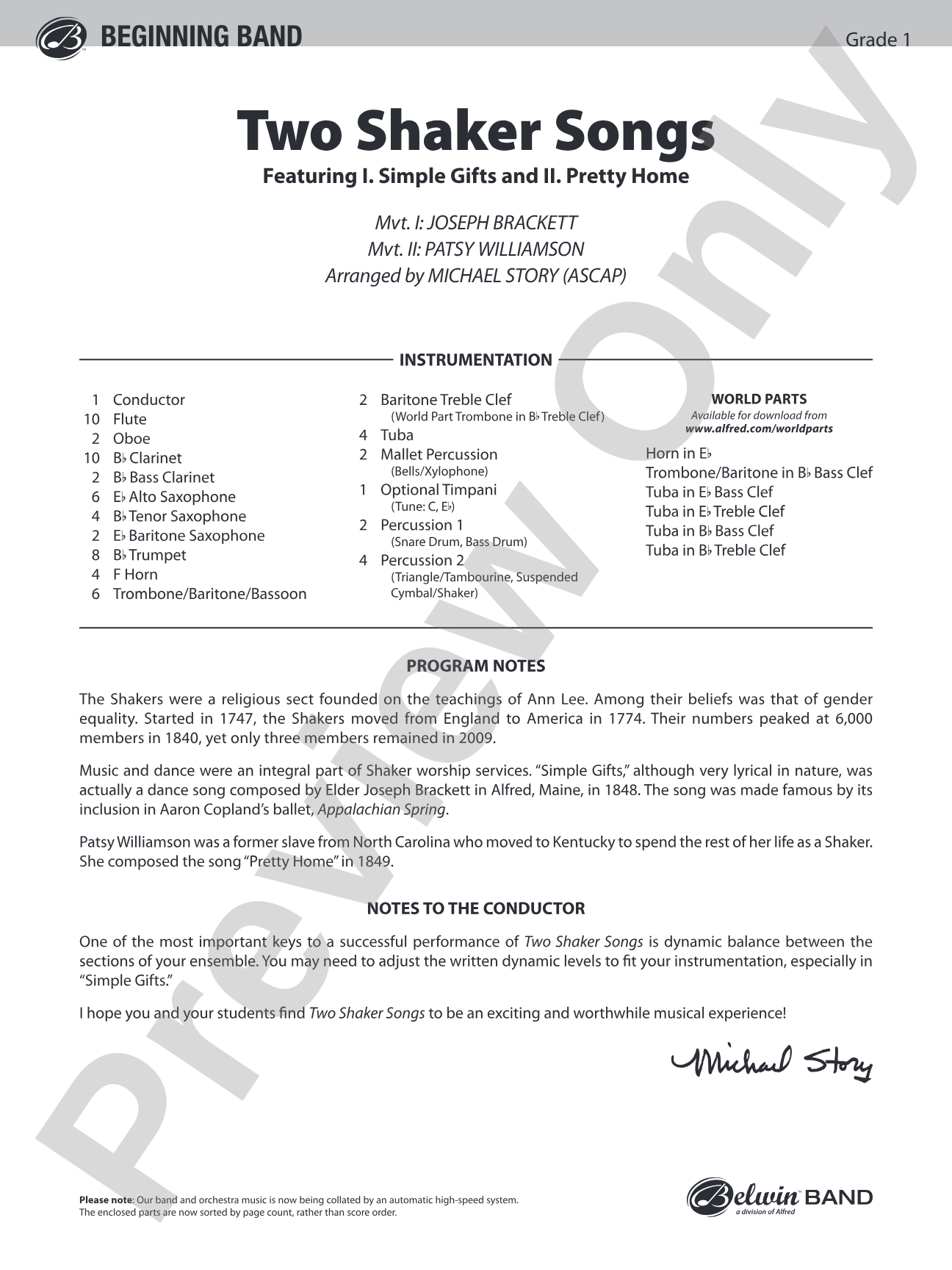 Two Shaker Songs: Concert Band Conductor Score & Parts