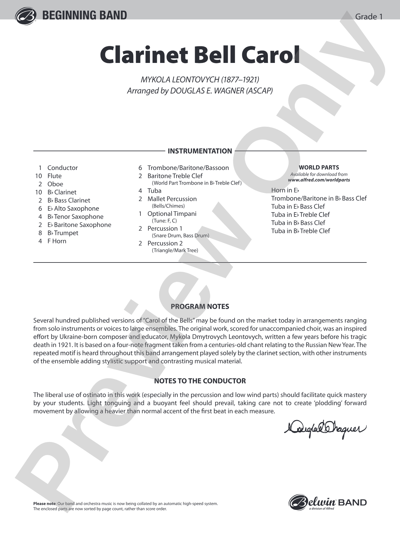 Clarinet Bell Carol: Concert Band Conductor Score & Parts
