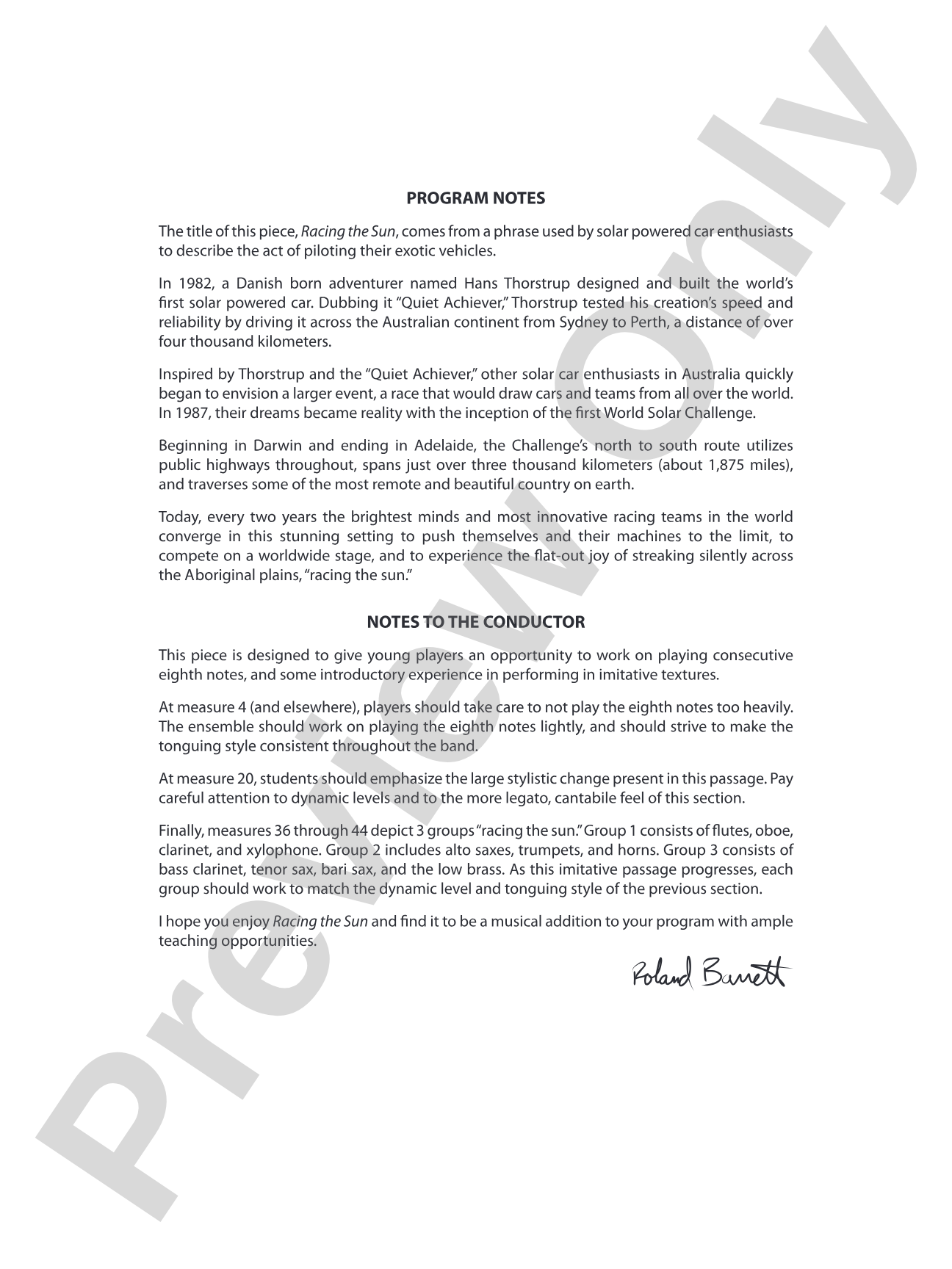 Racing the Sun: Concert Band Conductor Score & Parts