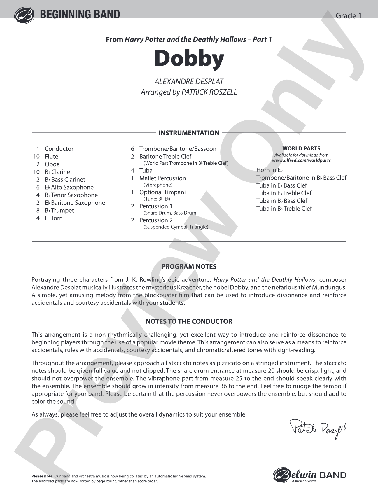 Dobby (from Harry Potter and the Deathly Hallows, Part 1): Concert Band Conductor Score & Parts