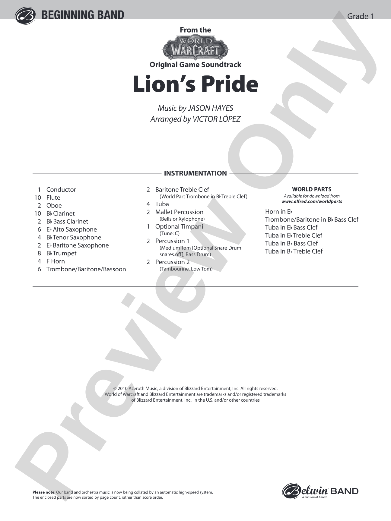 Lion's Pride (from the "World of Warcraft" Original Game Soundtrack): Concert Band Conductor Score & Parts