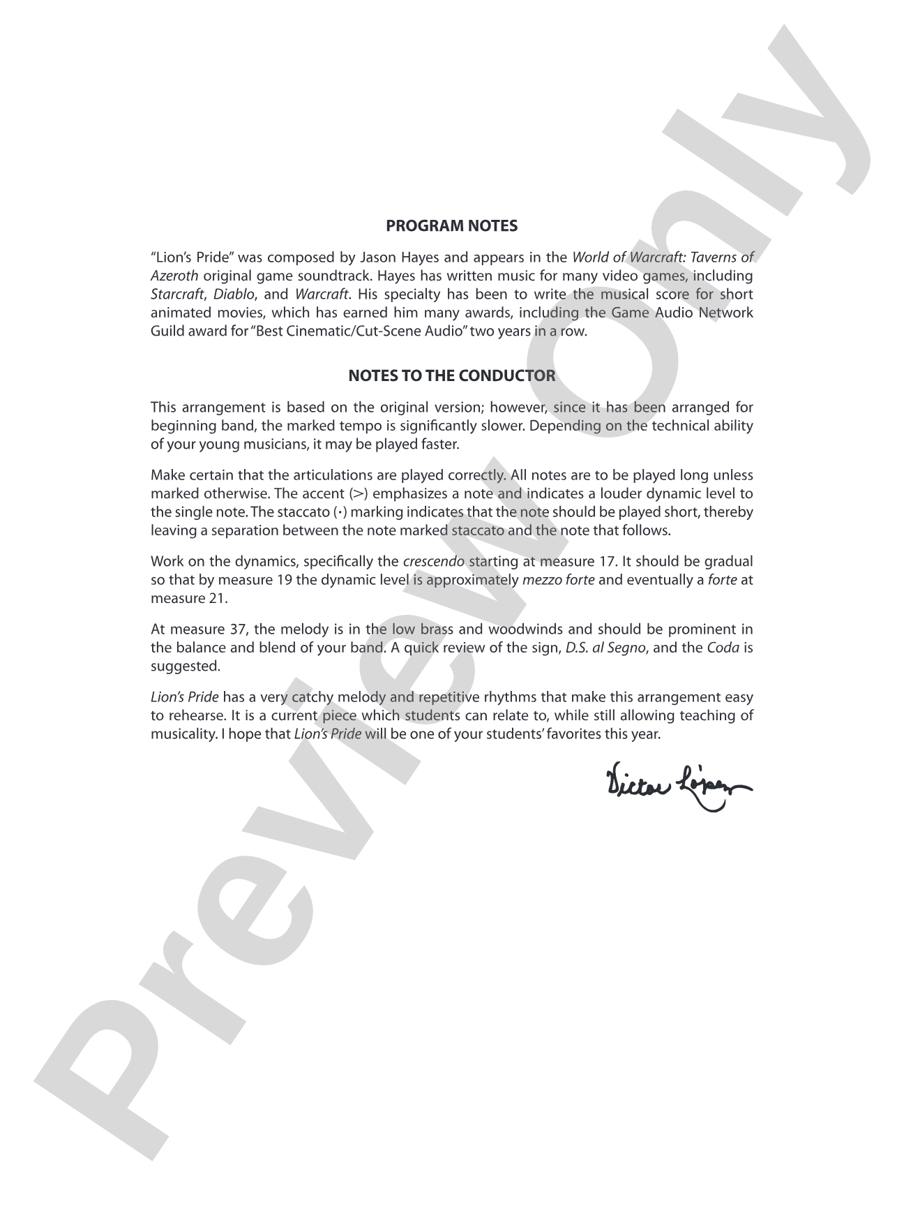 Lion's Pride (from the "World of Warcraft" Original Game Soundtrack): Concert Band Conductor Score & Parts