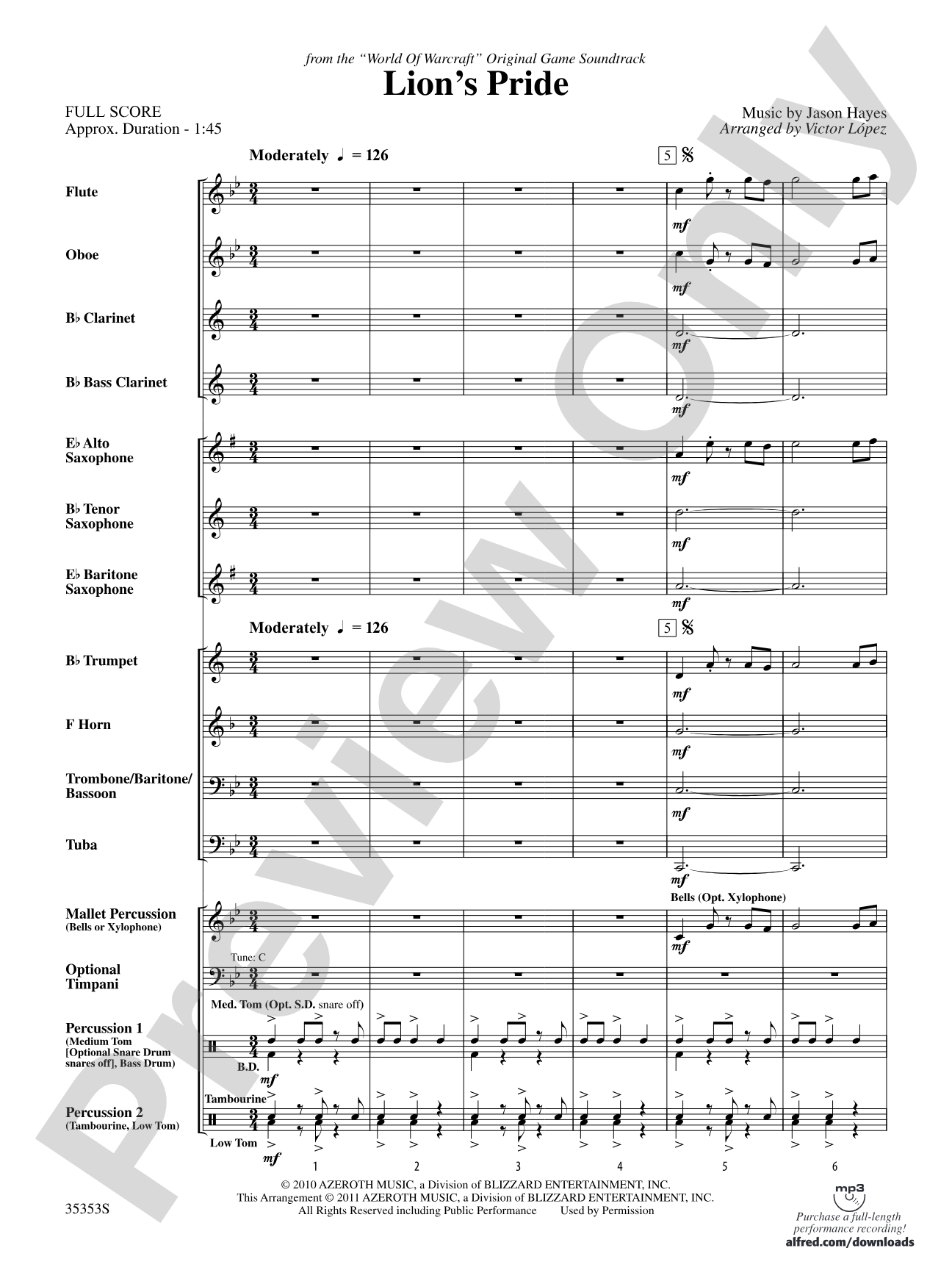 Lion's Pride (from the "World of Warcraft" Original Game Soundtrack): Concert Band Conductor Score & Parts