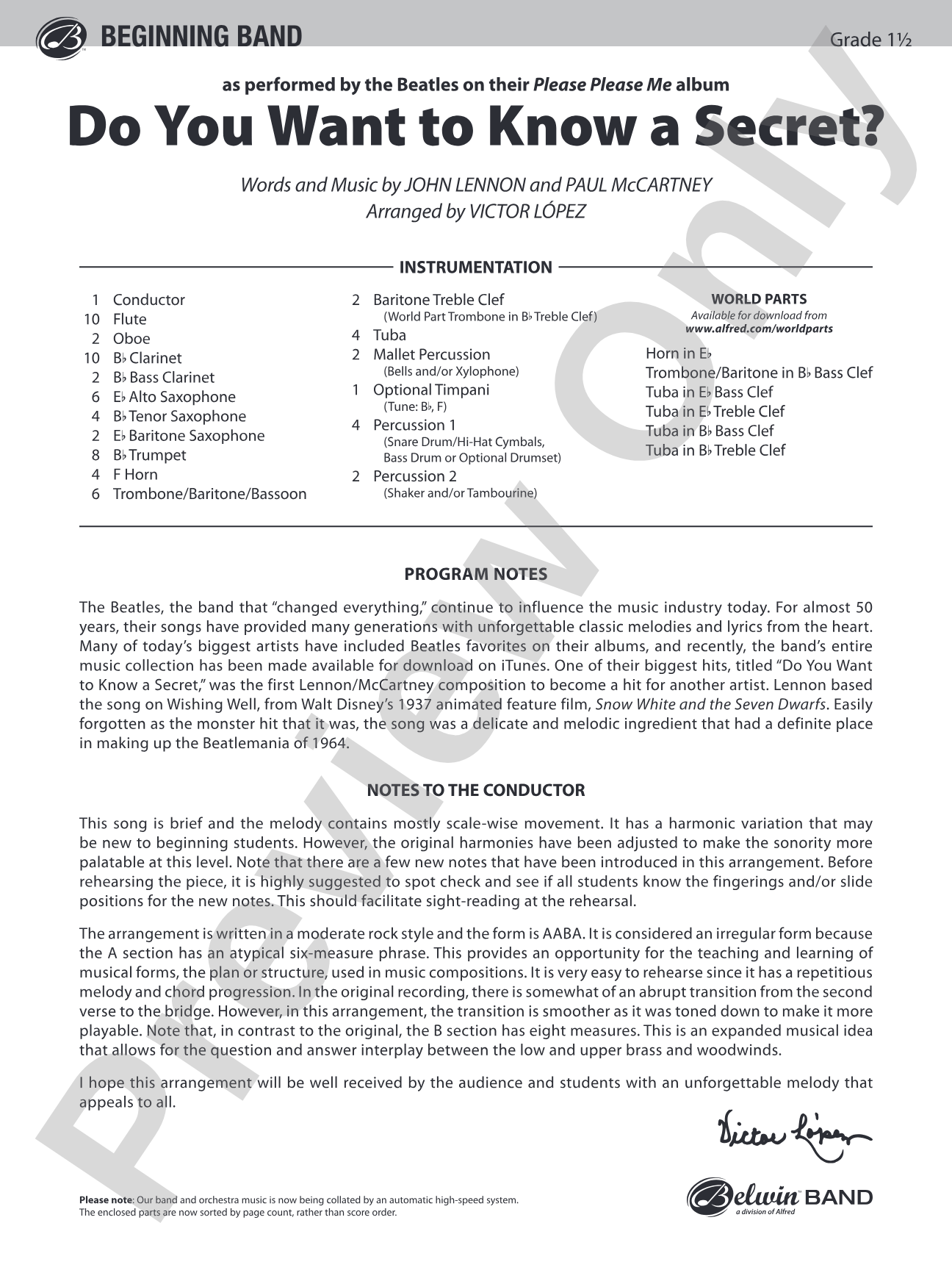 Do You Want to Know a Secret?: Concert Band Conductor Score & Parts