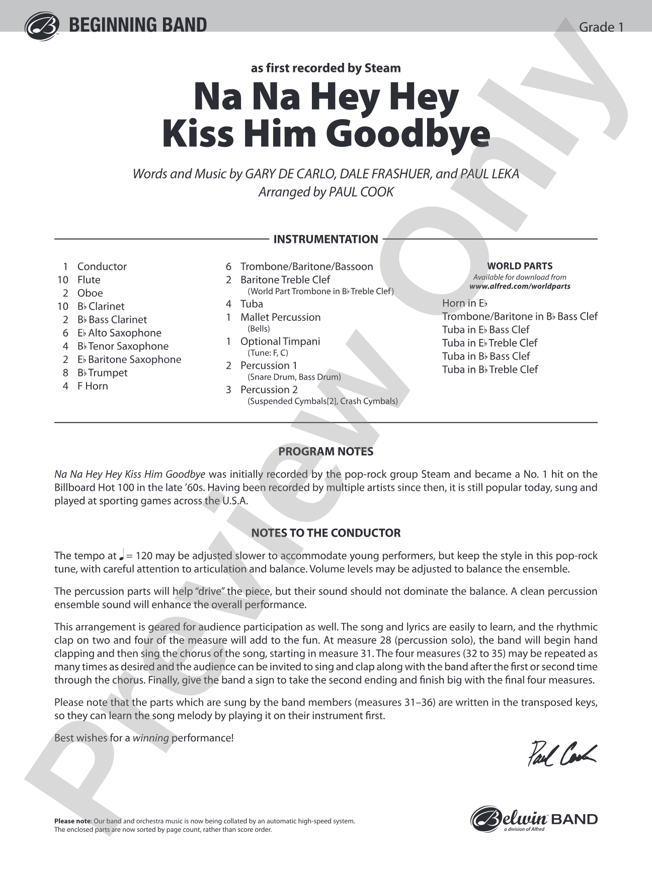 Na Na Hey Hey Kiss Him Goodbye: Concert Band Conductor Score & Parts