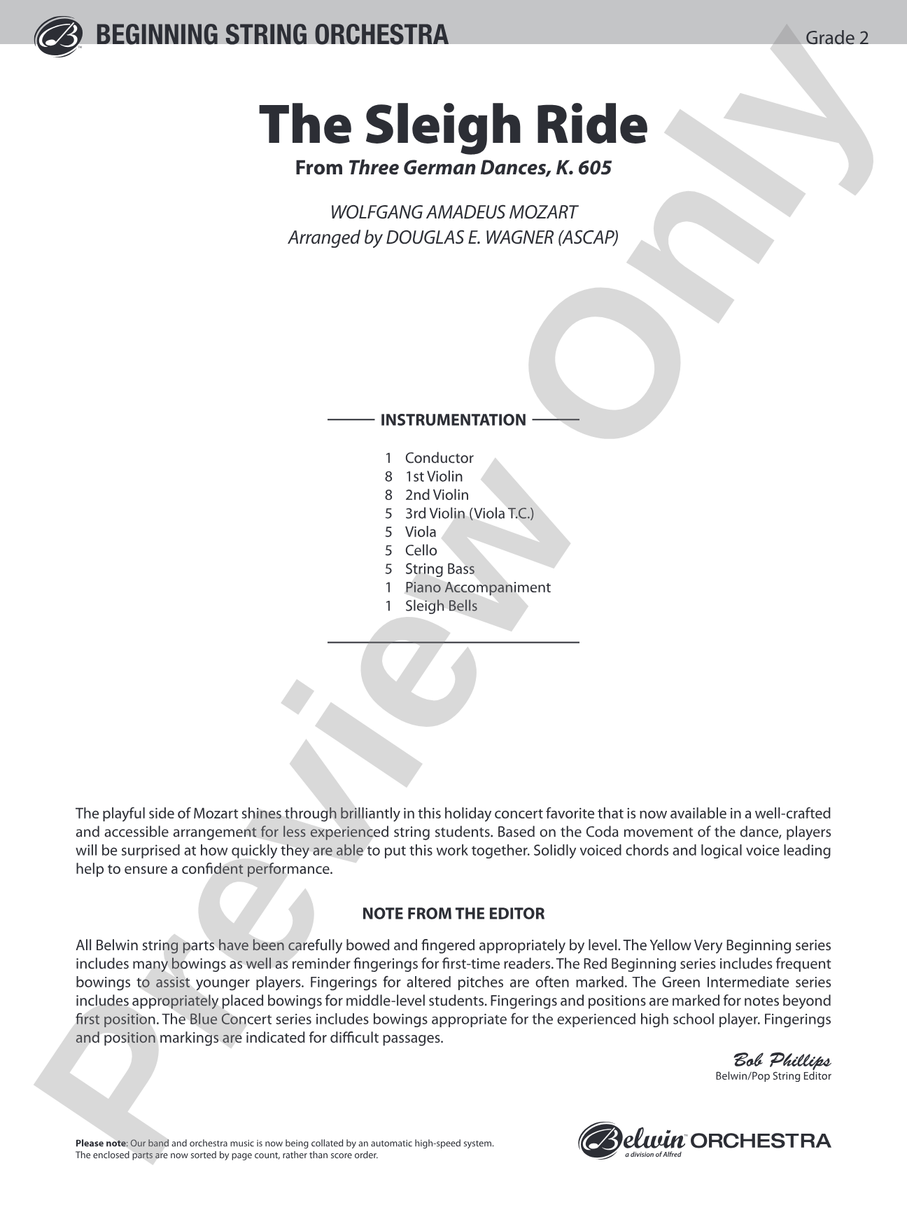 The Sleigh Ride (from Three German Dances, K. 605): String Orchestra Conductor Score & Parts